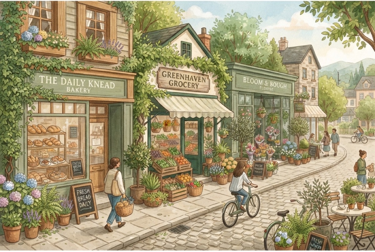 Illustration of a street of neighbourhood shops